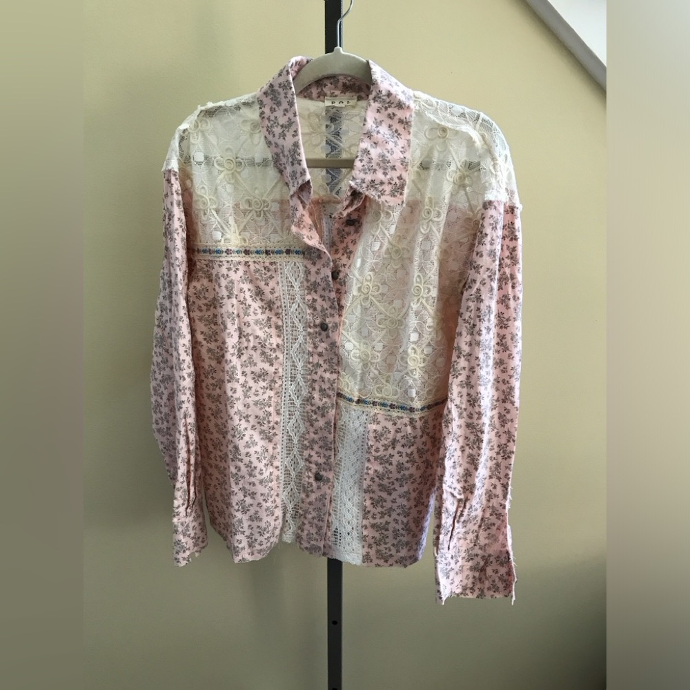 POL Pink Floral Lace Patchwork Button-Up Top